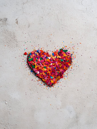 colorful heart-shaped confetti on concrete backgroundの素材