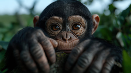 close-up portrait of a curious young chimpanzeeの素材