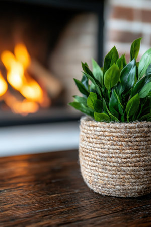 cozy fireplace with potted plantの素材
