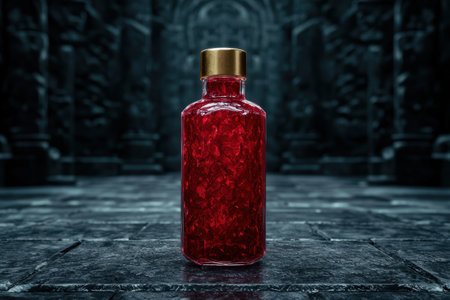 Luxurious red glass bottle with golden capの素材