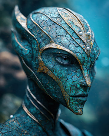 Detailed fantasy creature portrait with cracked blue skin and golden accentsの素材