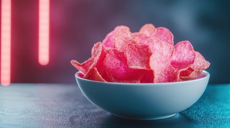 Vibrant pink potato chips in a bowlの素材