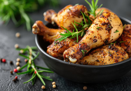 Delicious roasted chicken drumsticks with herbs and spicesの素材