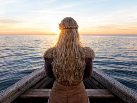 woman gazing at sunset over calm watersの素材