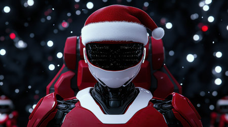 Futuristic robot wearing santa hat in snowy sceneの素材