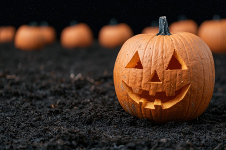 Carved pumpkin with glowing face on dark backgroundの素材