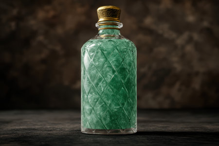 Ornate glass bottle with green liquidの素材