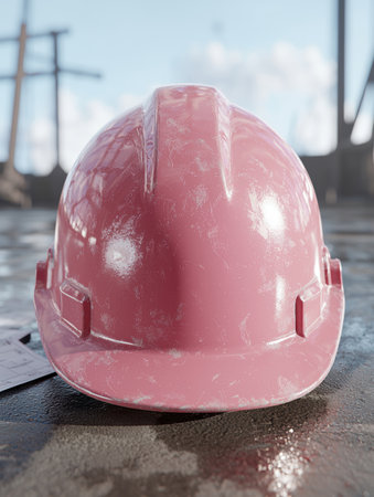 Worn and weathered construction hard hat on job siteの素材