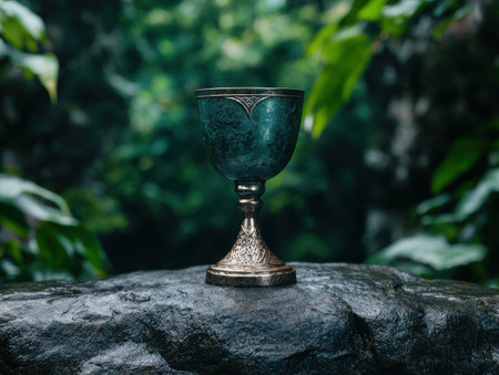 Ornate metal chalice on a rocky surface in a lush green forestの素材