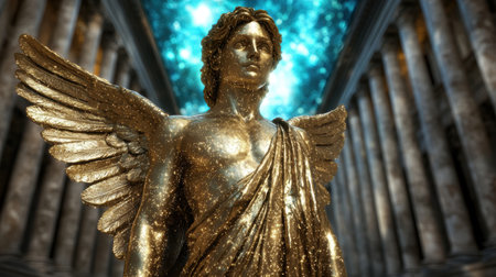 golden winged statue in front of blue skyの素材