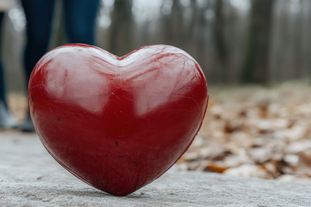 Vibrant red heart-shaped object in a snowy forestの素材