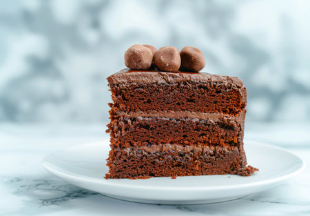 Delicious chocolate cake slice with chocolate balls on topの素材