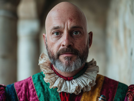 Serious man with beard wearing colorful costumeの素材