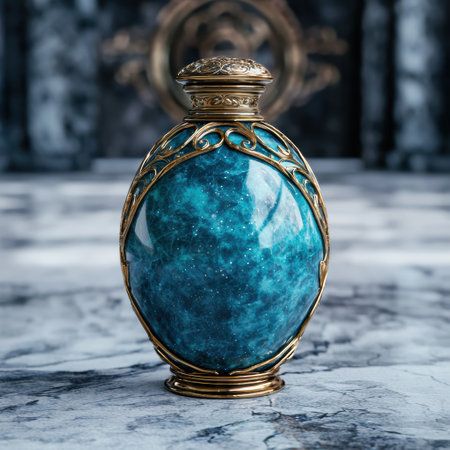 Ornate glass bottle with swirling blue liquidの素材