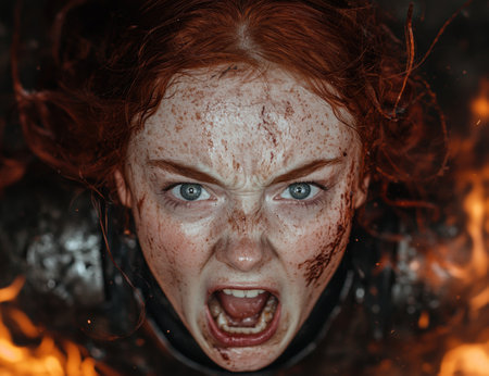 Intense facial expression of angry redheaded womanの素材