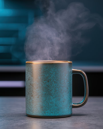 Steaming hot ceramic mug with turquoise glazeの素材