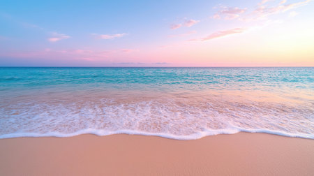 Serene beach landscape with tranquil ocean waves and vibrant sunset skyの素材