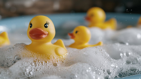Cute rubber ducks in a bubbly bathの素材