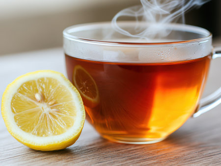 Steaming cup of tea with lemon sliceの素材