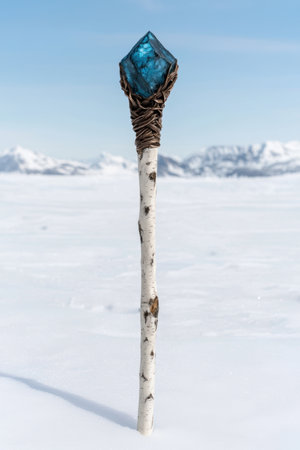 Mystical crystal staff against snowy mountain landscapeの素材