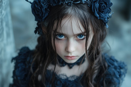 mysterious woman with dark flowers in hairの素材