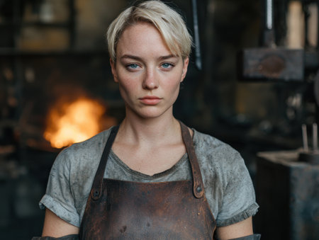 Serious young woman in apron standing in front of fireplaceの素材