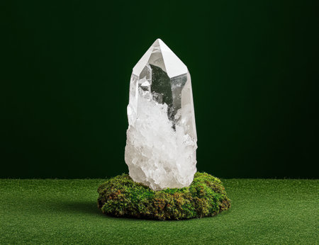Majestic crystal quartz on moss-covered rockの素材