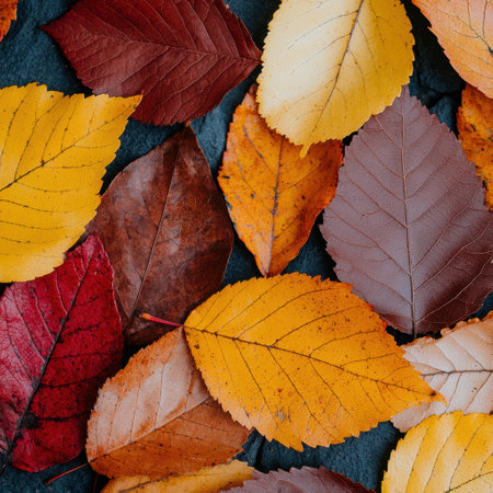 Vibrant autumn leaves in various shades of red, orange, and yellowの素材