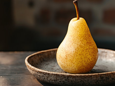 Ripe yellow pear in rustic wooden bowlの素材