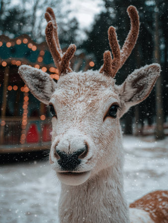 Close-up of a curious deer in the snowの素材