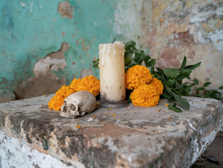 Skull and marigold flowers on a weathered stoneの素材