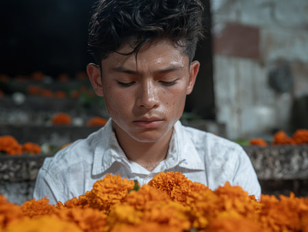 young man holding marigold flowersの素材