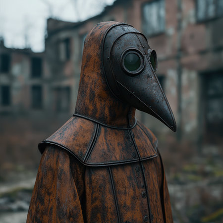 Vintage plague doctor mask in a gloomy settingの素材