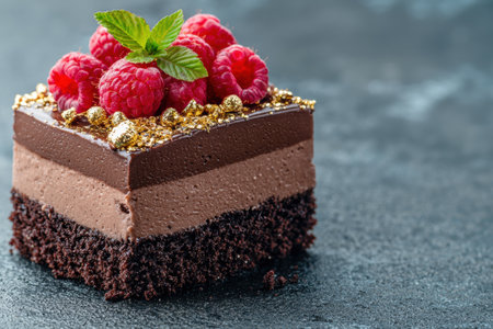 Decadent chocolate raspberry cake with gold accentsの素材