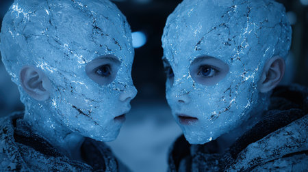 Frozen faces of two children in a winter wonderlandの素材