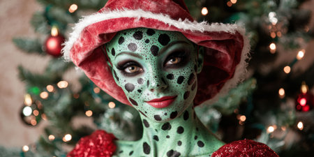 Festive holiday makeup with polka dots and red hatの素材