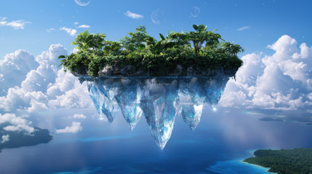Floating island of lush greenery in the skyの素材