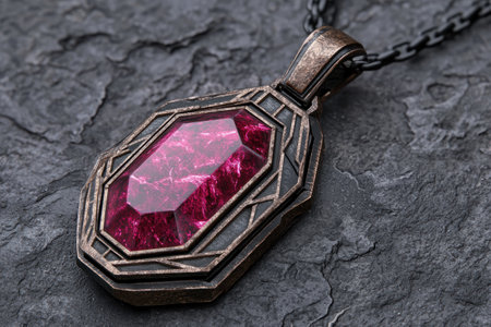 Ornate ruby gemstone pendant on dark slate backgroundの素材
