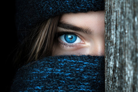 Mysterious blue eyes peering through scarfの素材