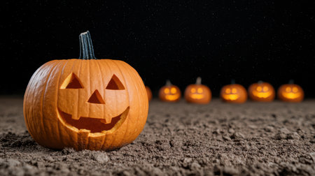 Halloween pumpkins glowing in the darkの素材