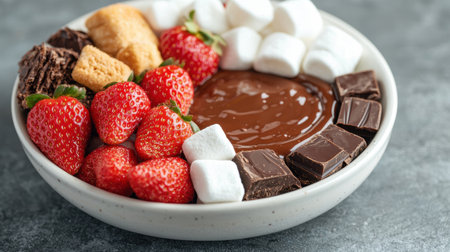 Delicious chocolate fondue with fresh strawberries and marshmallowsの素材