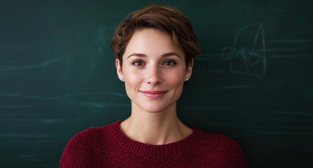 Smiling woman in red sweater against chalkboard backgroundの素材