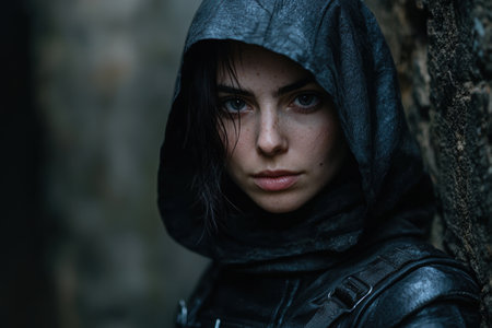 Mysterious hooded figure in the forestの素材