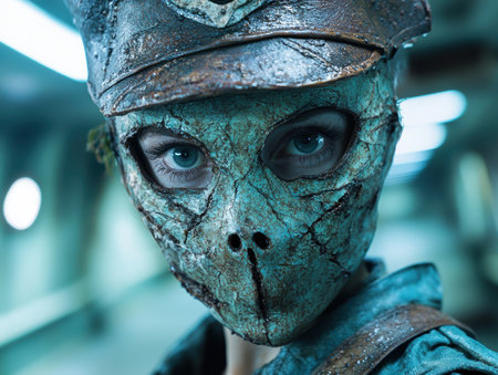 close-up of an alien-like creature with piercing blue eyesの素材