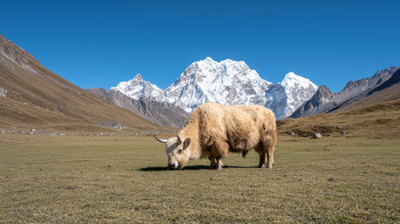 Majestic mountain landscape with a furry yak in the foregroundの素材