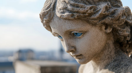 close-up of stone statue with blue eyesの素材