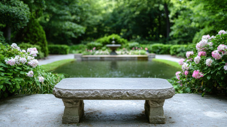 serene garden fountain with stone benchの素材