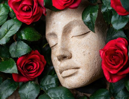serene buddha sculpture surrounded by vibrant red rosesの素材