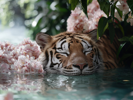 Relaxed tiger resting in water surrounded by pink flowersの素材
