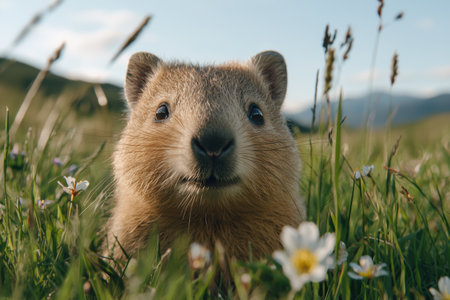 Curious rodent in a field of flowersの素材